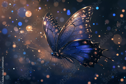 
Blue butterfly, glittering like diamonds on the wings and body of an insect with long legs, sparkling blue dots in background, light brown, light silver gray and dark gold style, purple butterfly  photo