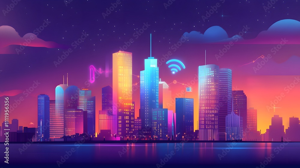 Connected city skyline with advanced network and IoT for smart city development Connected city skyline with advanced network and IoT for smart city development