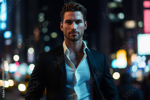 handsome man in a black suit, his shirt unbuttoned, posing for the camera against a night city light at New York. hot and attractive billionaire businessman . possessive hero, dark romance book 