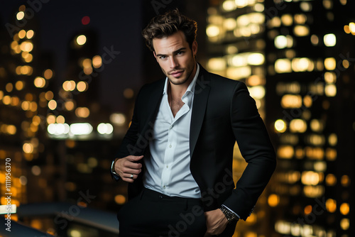 handsome man in a black suit, his shirt unbuttoned, posing for the camera against a night city light at New York.  hot and attractive billionaire businessman . possessive hero, dark romance book  