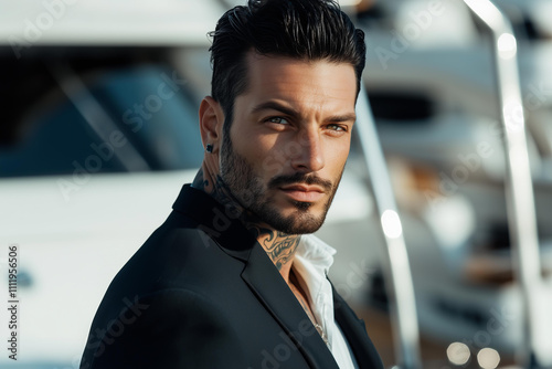 tanned skin, hot and attractive Italian mafia billionaire with a tattoo on his neck , wearing a luxurious black suit. Looking at camera with piercing and sensual gaze on yacht club background photo