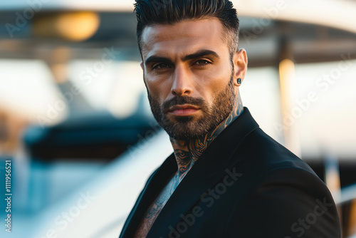 tanned skin, hot and attractive Italian mafia billionaire with a tattoo on his neck , wearing a luxurious black suit. Looking at camera with piercing and sensual gaze on yacht club background