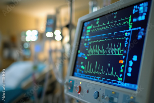 ECG monitor in intensive care unit (CCU) used for support patient hemodynamic.  ICU monitoring heart beat. photo