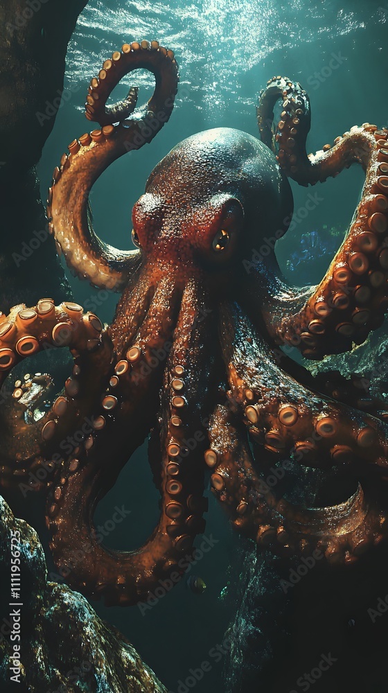 Obraz premium Underwater Scene with Incredible Commotion of an Octopus, Angry octopus wallpaper