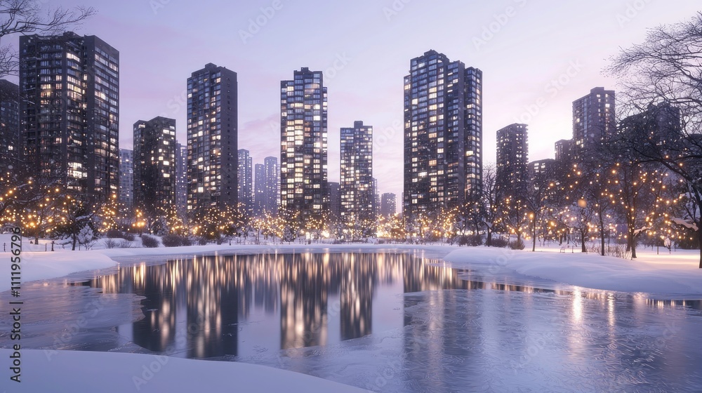 Obraz premium Winter Wonderland in the City: Stunning Urban Panorama with Frozen Pond and Twinkling Lights Reflecting in Snow | Ultra-Detailed