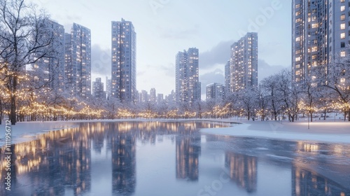 Winter Wonderland: Stunning Urban Panorama with Frozen Pond and Sparkling City Lights in Photorealistic Detail