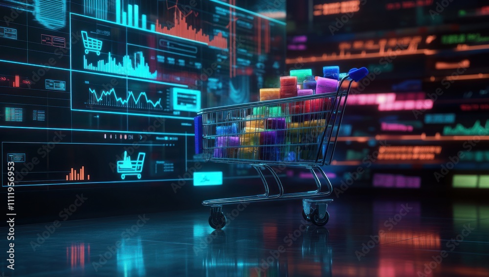 Shopping Cart with Digital Data and Neon Lights Shopping Cart with Digital Data and Neon Lights