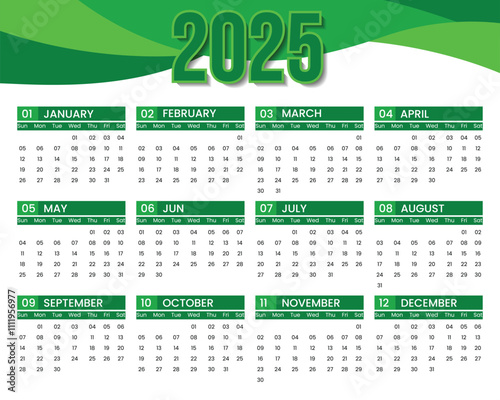 Bright 2025 calendar with bold green header design and month-by-month layout