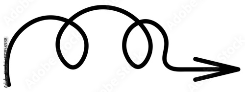 Arrow curled into a spiral. Sketch. Black wriggling arrow pointing to the right. Hand drawn sign. Vector illustration. Outline on isolated white background. Doodle style. Idea for web design.