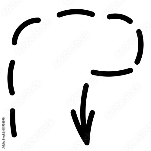Dotted black bypass arrow. Sketch. Direction of bypass arrow on square to right and down. Hand drawn sign. Vector illustration. Outline on isolated white background. Doodle style. Idea for web design.