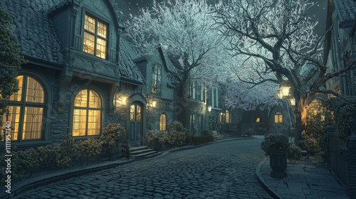 Enchanting Winter Night in Quaint Neighborhood with Frosted Trees and Glowing Windows | Ultra-Detailed Photorealistic Image Inviting Strolls