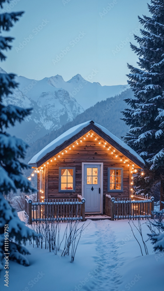 Enchanting Winter Hut: Illuminated Wooden Cabin in Snowy Landscape for Holiday Marketing and Seasonal Promotions Enchanting Winter Hut: Illuminated Wooden Cabin in Snowy Landscape for Holiday Marketing and Seasonal Promotions