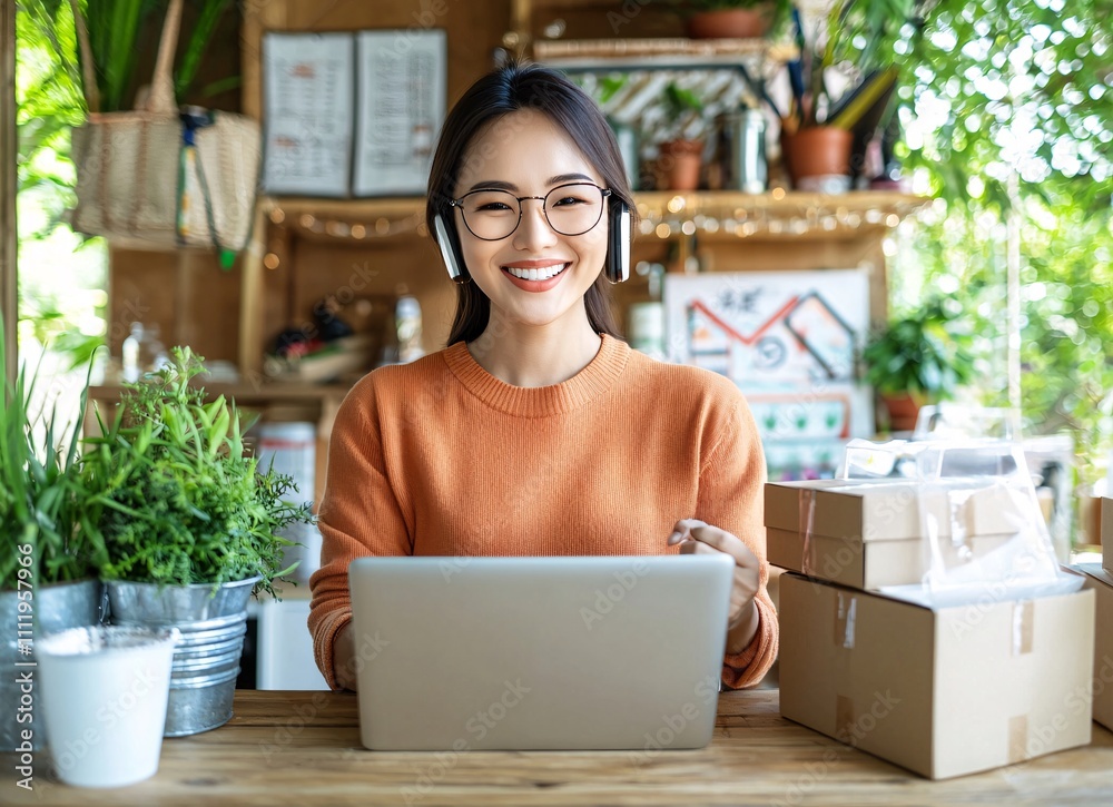 E-commerce business SME entrepreneur concept. A smiling woman in an orange sweater works on a laptop amidst greenery, with packages nearby, suggesting a productive and cozy workspace. E-commerce business SME entrepreneur concept. A smiling woman in an orange sweater works on a laptop amidst greenery, with packages nearby, suggesting a productive and cozy workspace.
