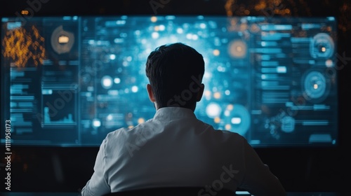 Marketer checking 2024 trends on a large screen  data visualizations of emerging platforms in the background