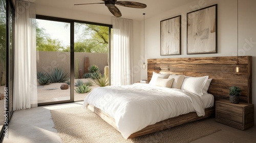 A tranquil master bedroom suite showcasing luxury desert modern design