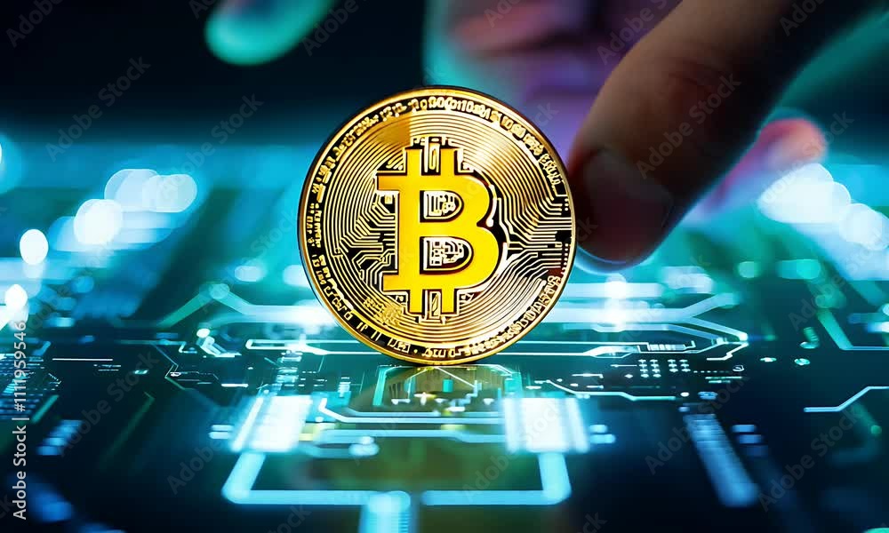 Bitcoin on Circuit Board - Digital Currency