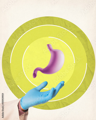 Fototapeta Naklejka Na Ścianę i Meble -  Contemporary art collage. Hand wearing gloves holding healthy 3D stomach illustration, symbolizing care and digestion. Concept of health care, human organism, medicine, ambulance