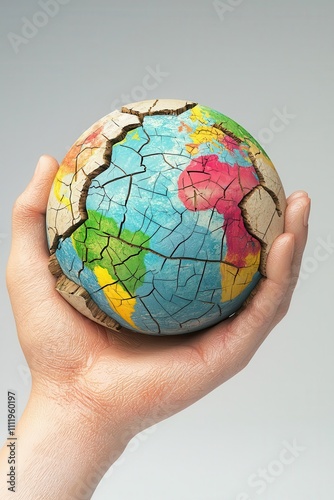 Cracked Earth in hand, environmental fragility, showing human impact on the planet