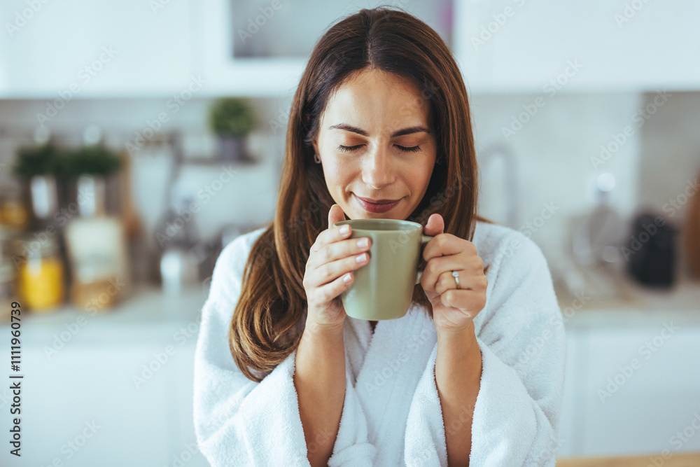 Woman Enjoying a Relaxing Cup of Coffee in Her Kitchen Woman Enjoying a Relaxing Cup of Coffee in Her Kitchen