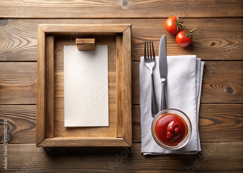 Front View of a Minimalist Restaurant Table Setting Featuring a Rustic Wood Box of Ketchup and Blank White Menu Pages for a Clean and Contemporary Dining Experience photo