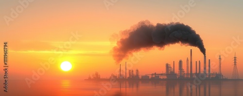Factory emitting black smoke against sunset, industrial pollution, symbolizing human environmental footprint