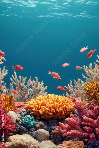 Dying coral reef surrounded by sea creatures, ocean health, showcasing effects of pollution and climate change