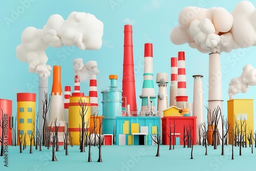 Factory surrounded by dead trees, industrial impact, visualizing deforestation and pollution
