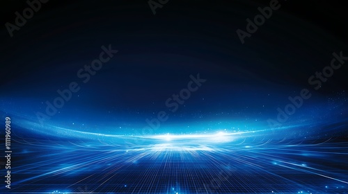 Abstract Blue Digital Landscape with Light Rays and Grid Elements for Futuristic Backgrounds