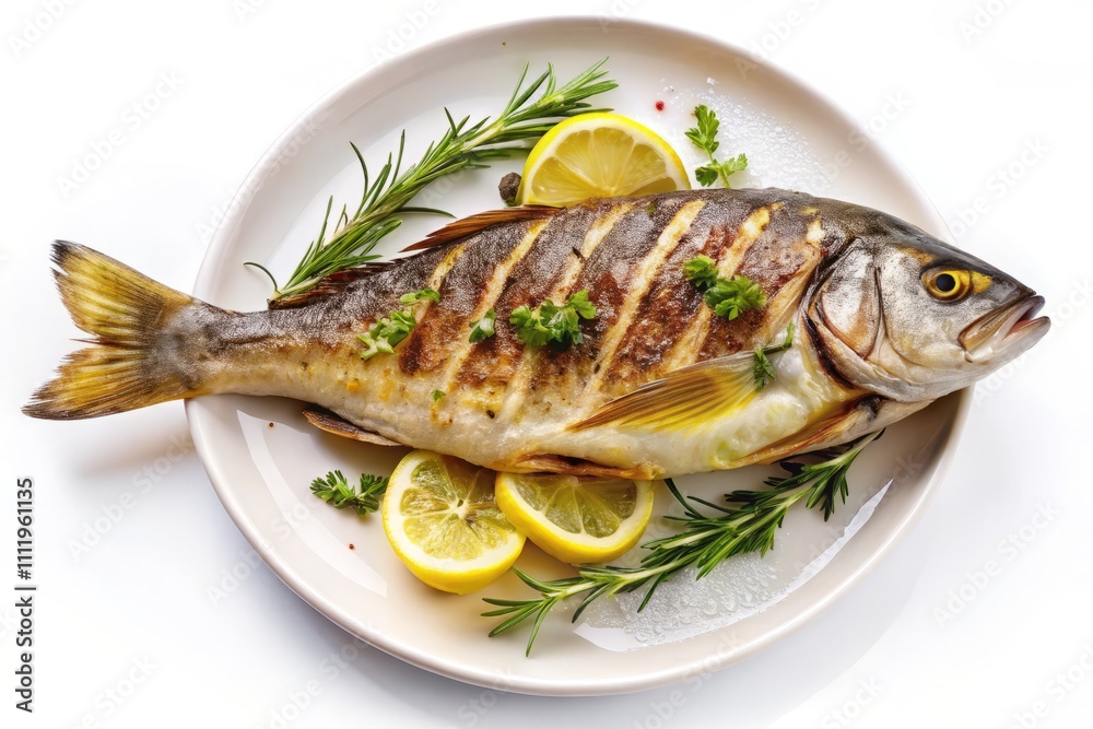 Grilled Fish on Plate Isolated on White Background for Restaurant Menu Mockup, Top View Presentation with Fresh Ingredients and Garnish, Perfect for Culinary Photography Grilled Fish on Plate Isolated on White Background for Restaurant Menu Mockup, Top View Presentation with Fresh Ingredients and Garnish, Perfect for Culinary Photography