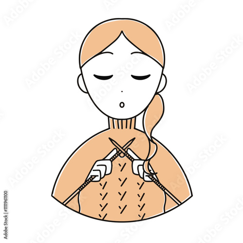 ニットを着て編み物を楽しむ女性のイラスト　上半身