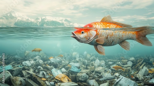 Factory waste in river with fish, water pollution, highlighting human impact on freshwater ecosystems