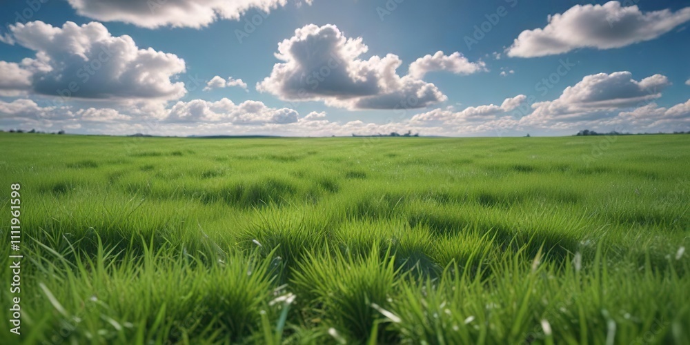 Naklejka premium Soft focus on a vast expanse of green grass against a clear blue sky with scattered white clouds , emerald, outdoor scene