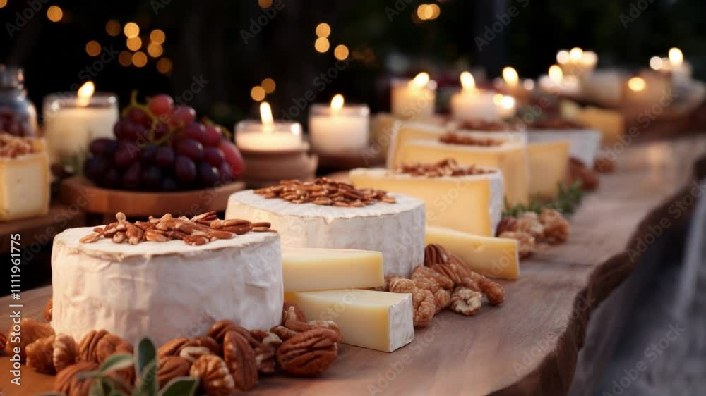 Buffet. A table with a variety of cheeses and nuts, including a white cheese and a nut cheese Buffet. A table with a variety of cheeses and nuts, including a white cheese and a nut cheese