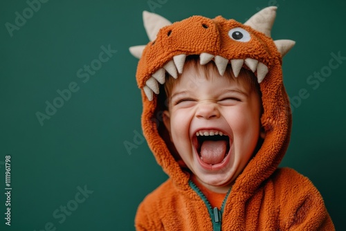 Excited child in an orange dinosaur costume roaring playfully