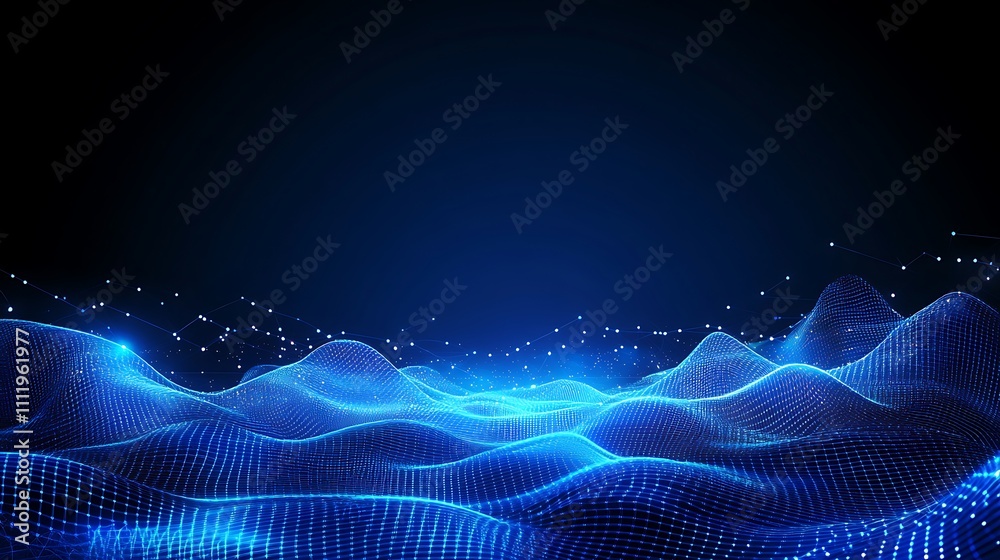 Abstract Blue Wave with Glowing Particles and Lines in Dark Background for Technology or Data Visualization Abstract Blue Wave with Glowing Particles and Lines in Dark Background for Technology or Data Visualization