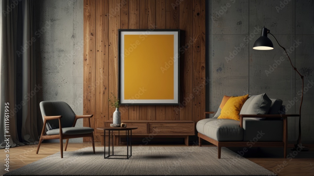 Blank picture frame mock up in modern living room interior with wooden wall panel Blank picture frame mock up in modern living room interior with wooden wall panel