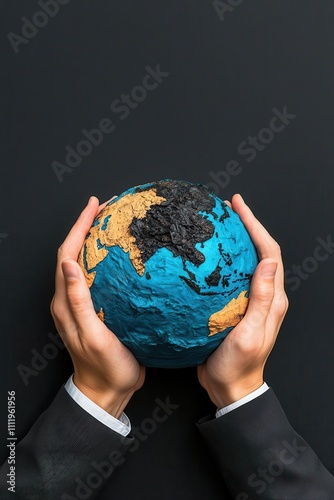 Hands holding oilcovered globe, fossil fuels, visualizing global environmental impact