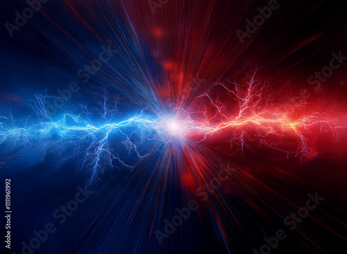 Clashing blue and red energy bursts create a vibrant, dynamic visual. The opposing forces meet in a central explosion of light and power.