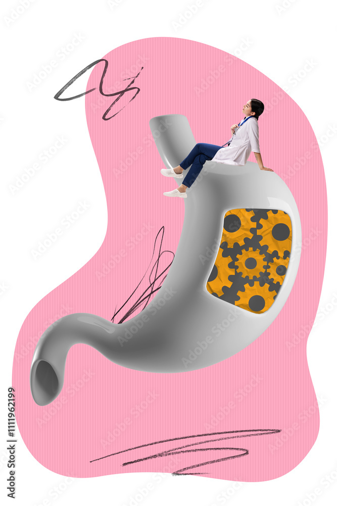 Obraz premium Contemporary art collage. Doctor, woman in medical attire sitting on mechanical stomach with gears, symbolizing health and precision. Concept of health care, human organism, medicine, ambulance