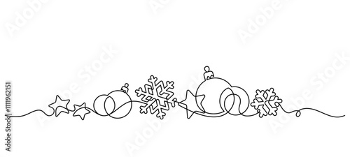 christmas ornament decoration stars, baubles and snowflakes one line drawing