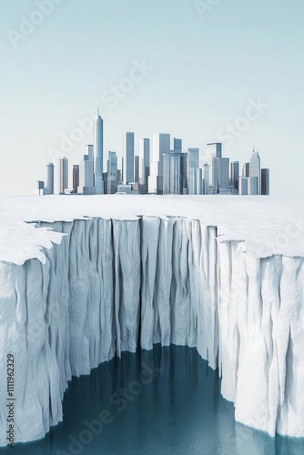 Melting glacier with a corporate skyline backdrop, climate change, visualizing industrial growths environmental effects