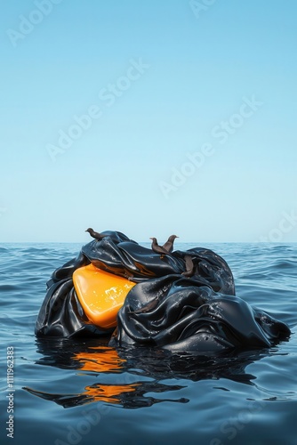 Oil spill with seabirds, marine pollution, showcasing environmental disasters