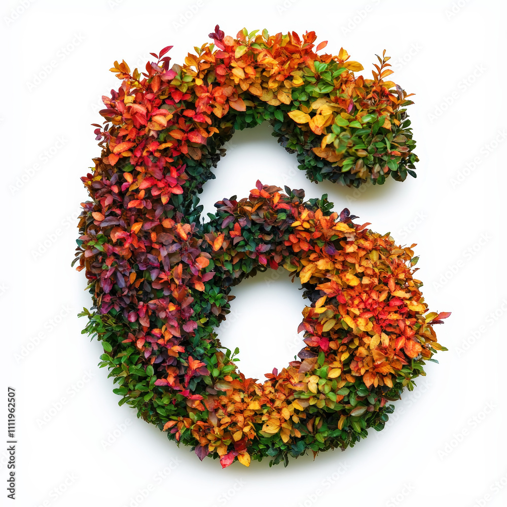 Number 6 made of fall leaves, flowers. berries. Vibrant autumn colours. White clean background. Generative AI Number 6 made of fall leaves, flowers. berries. Vibrant autumn colours. White clean background. Generative AI