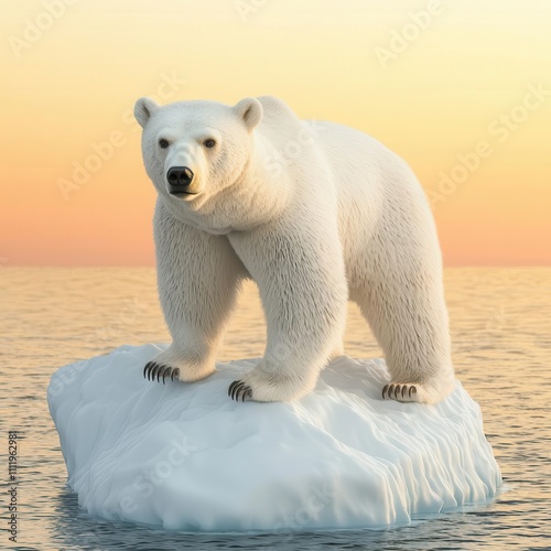 Polar bear on shrinking iceberg at sunset, endangered species, climate changes effect on polar wildlife