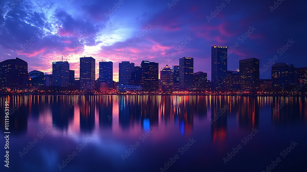 Vibrant city skyline reflecting on calm water at twilight. Vibrant city skyline reflecting on calm water at twilight.