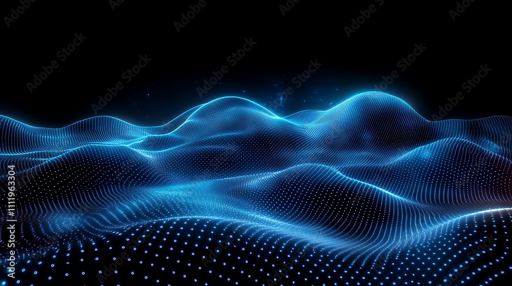Abstract Digital Landscape with Blue Waves and Light Points in Dark Background for Technology and Science Themes Abstract Digital Landscape with Blue Waves and Light Points in Dark Background for Technology and Science Themes