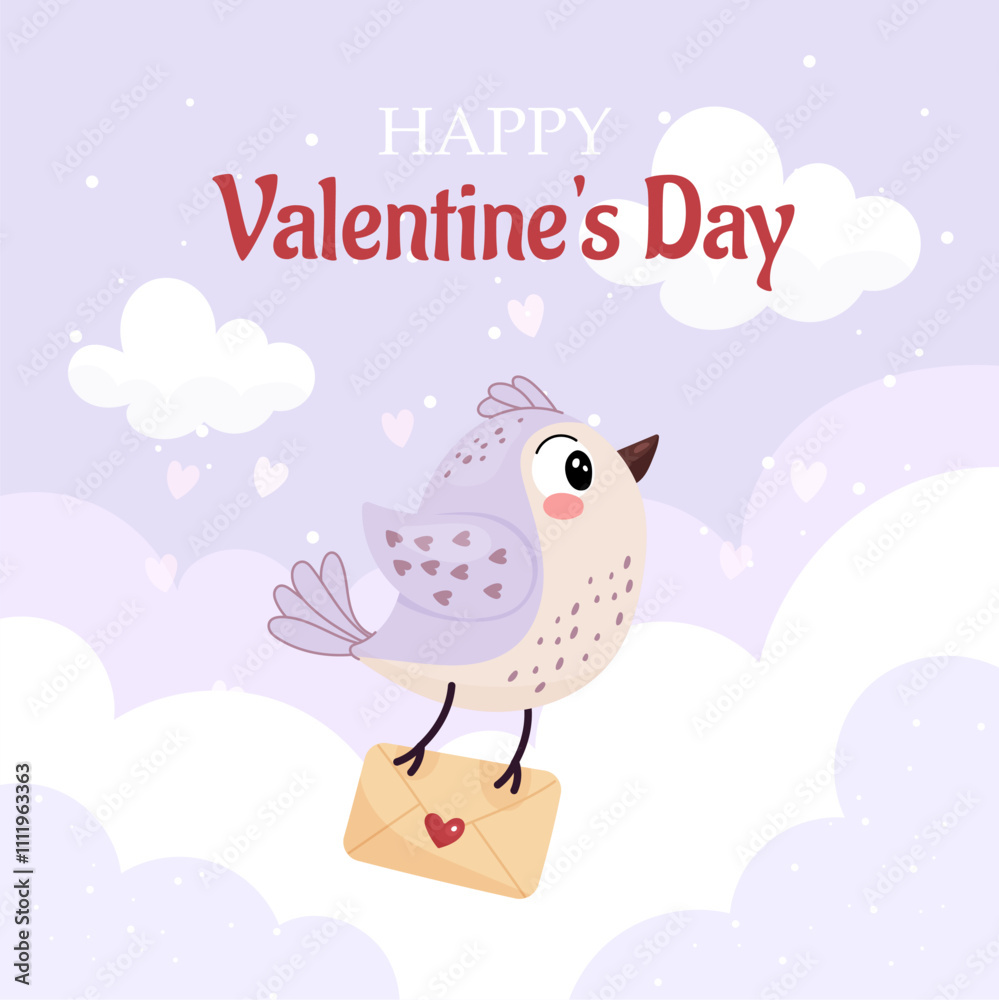 Happy Valentines Day, cute purple bird card with letter, simple flat style. Happy Valentines Day, cute purple bird card with letter, simple flat style.