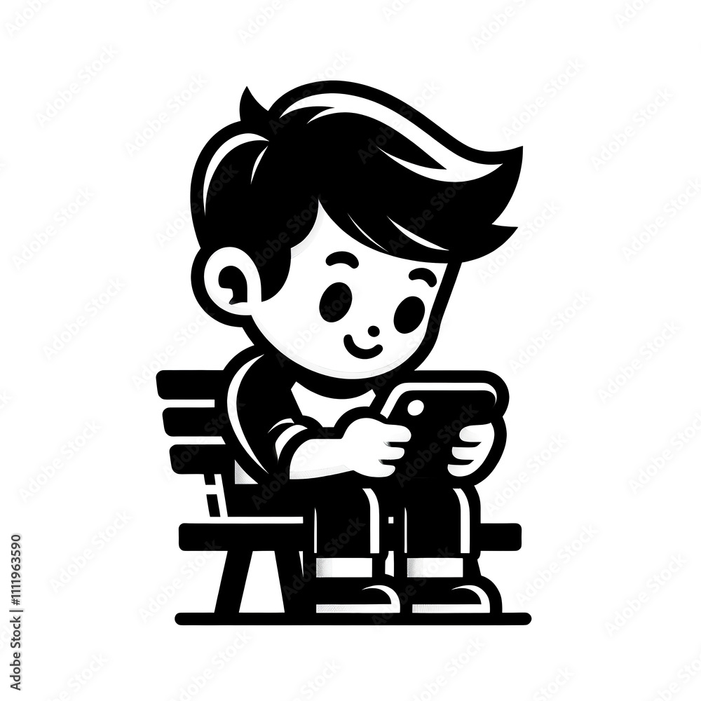 Isolated black and white vector illustration of a boy using a smartphone on a white background.