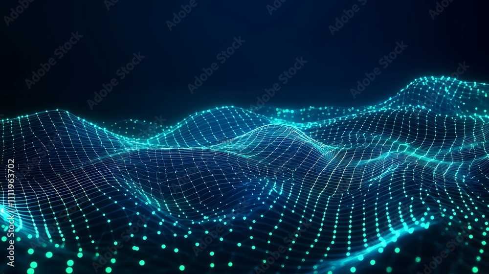 Abstract digital landscape with glowing blue and green points creating waves in a dark background Abstract digital landscape with glowing blue and green points creating waves in a dark background