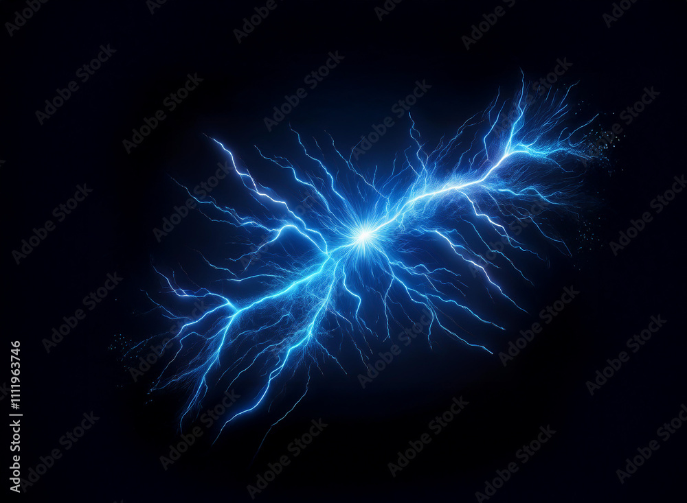 A vibrant blue electrical discharge, resembling a lightning bolt, branches across a black background. Its glowing energy radiates outwards. A vibrant blue electrical discharge, resembling a lightning bolt, branches across a black background. Its glowing energy radiates outwards.